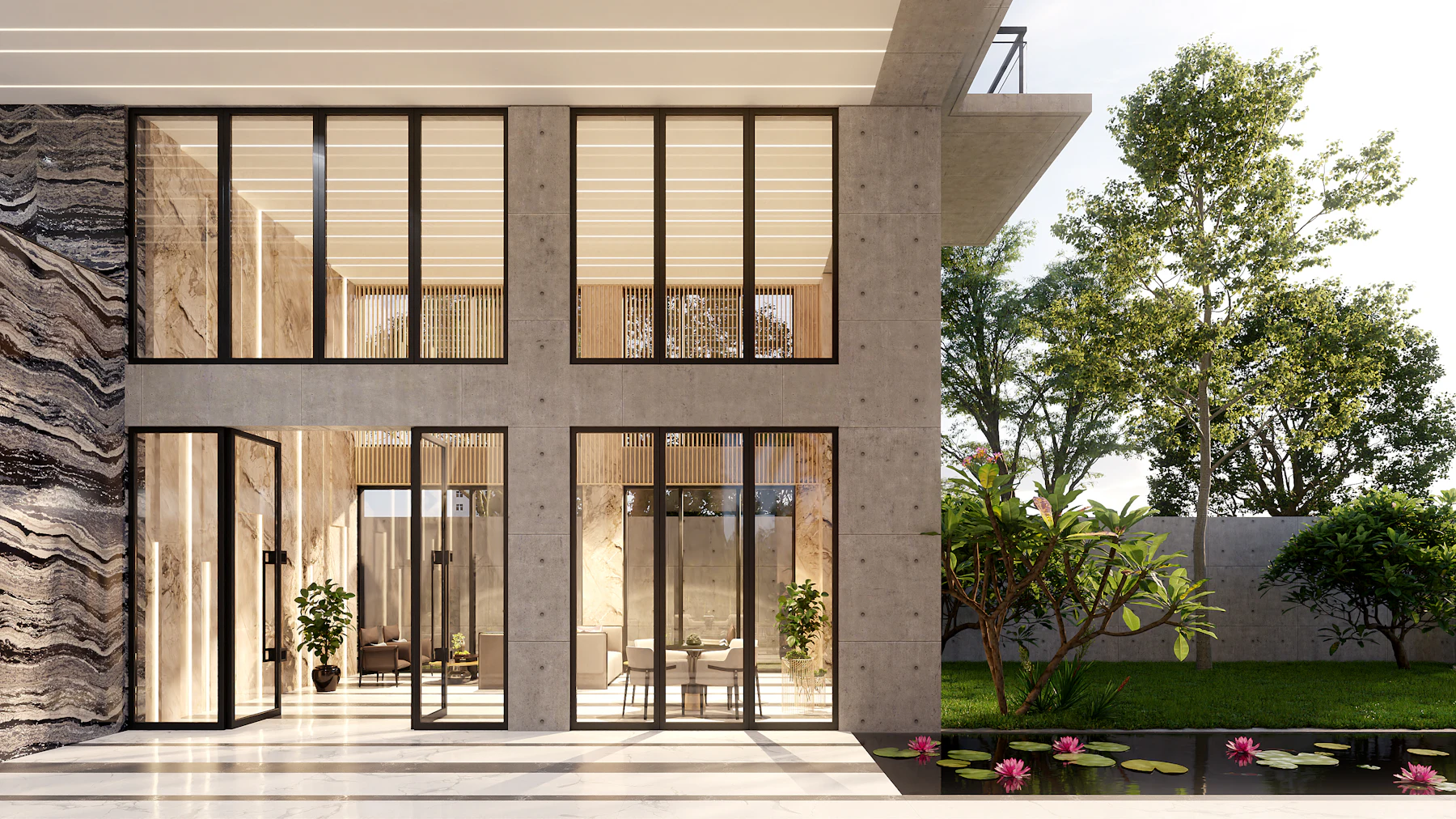 Fachada de piedra y vidrio de una vivienda contemporánea