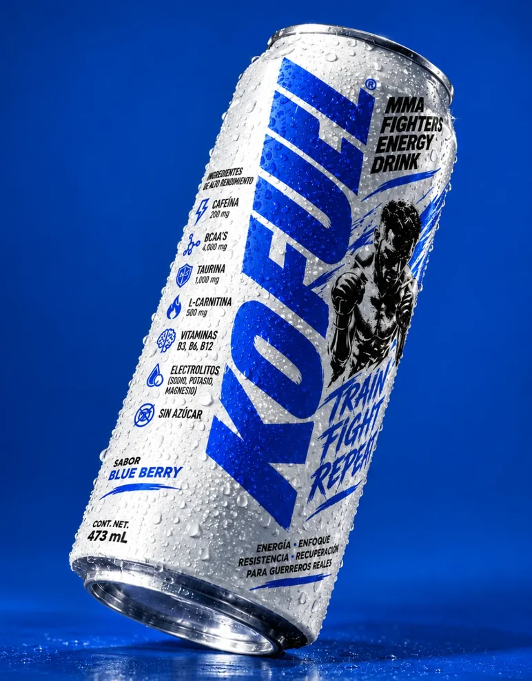 Lata KOFULL Blue Berry de 473 mL con gotas de condensación sobre fondo azul