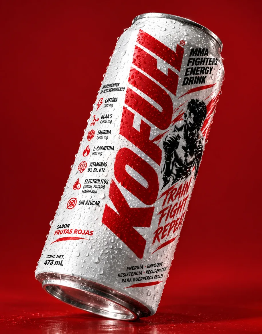 Lata KOFULL Frutas Rojas de 473 mL con gotas de condensación sobre fondo rojo