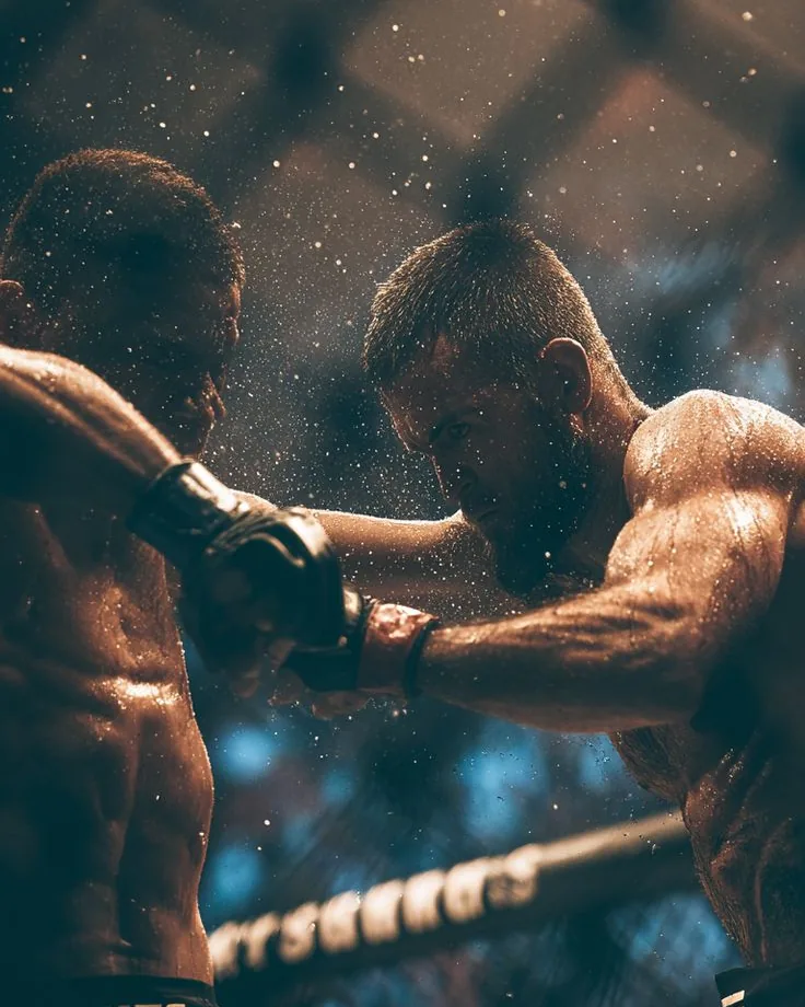 Dos luchadores en el clinch contra la reja, con el sudor saltando bajo los focos