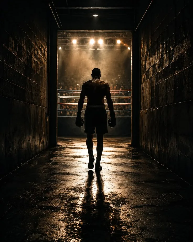 Luchador de espaldas caminando por el túnel hacia el ring iluminado