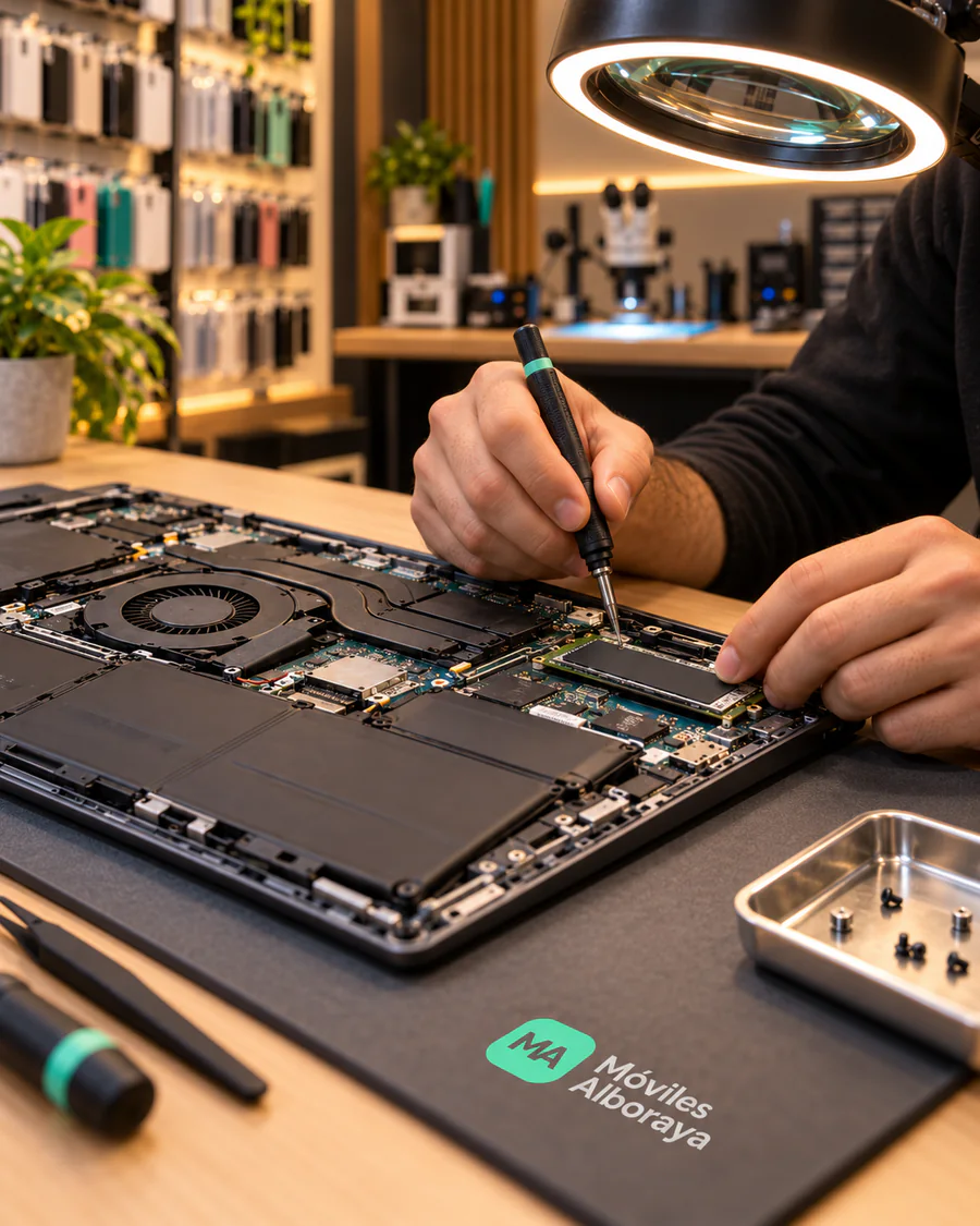 Cambio del disco SSD de un portátil abierto en el taller de Móviles Alboraya