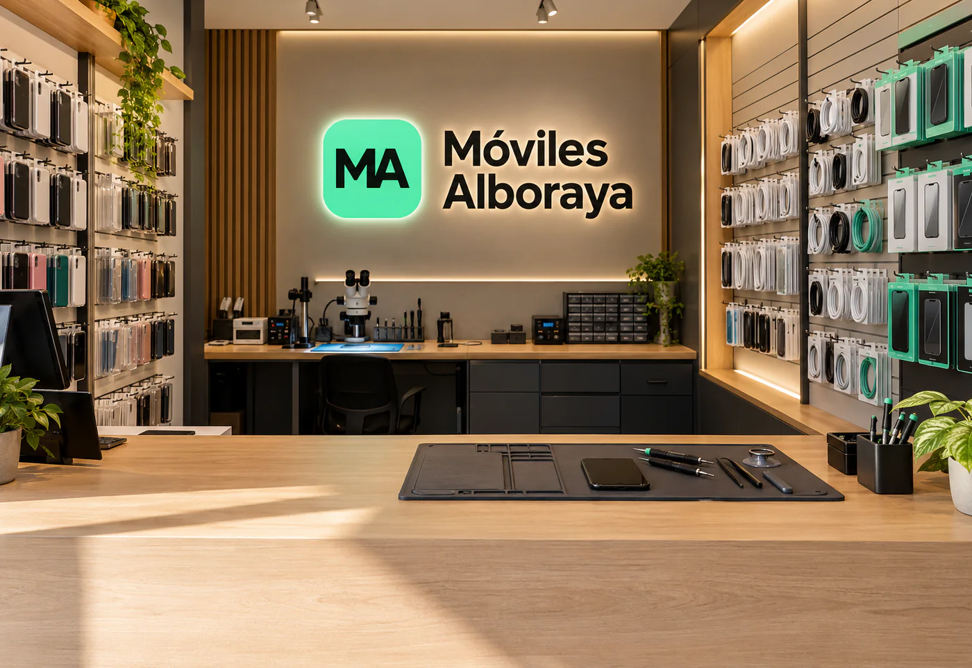 Mostrador de Móviles Alboraya con fundas, cables y protectores en la pared y el rótulo de la tienda